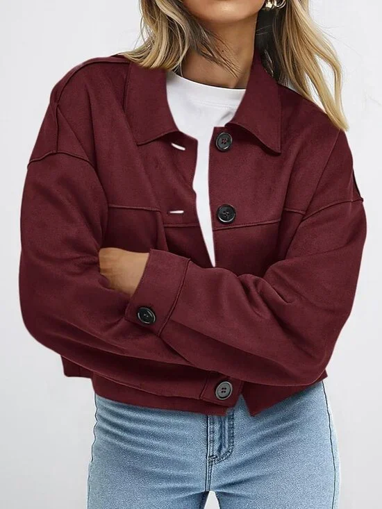 Women's Faux Suede Cropped Jacket Fall Fashion Winter Coats Outerwear Burgundy - Picture 3 of 5